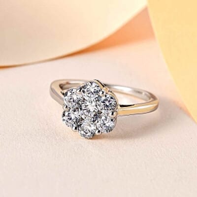 Simulated Diamond Ring in Platinum Over Sterling Silver (Size 10)