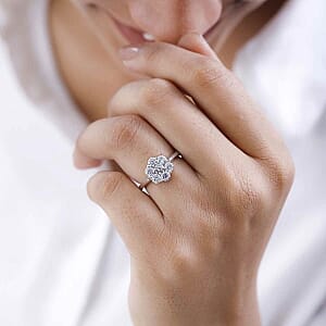 Simulated Diamond Ring in Platinum Over Sterling Silver (Size 10)