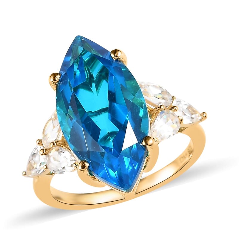 Caribbean Quartz (Triplet) and White Zircon Ring in Vermeil Yellow Gold Over Sterling Silver (Size 10.0) 10.50 ctw