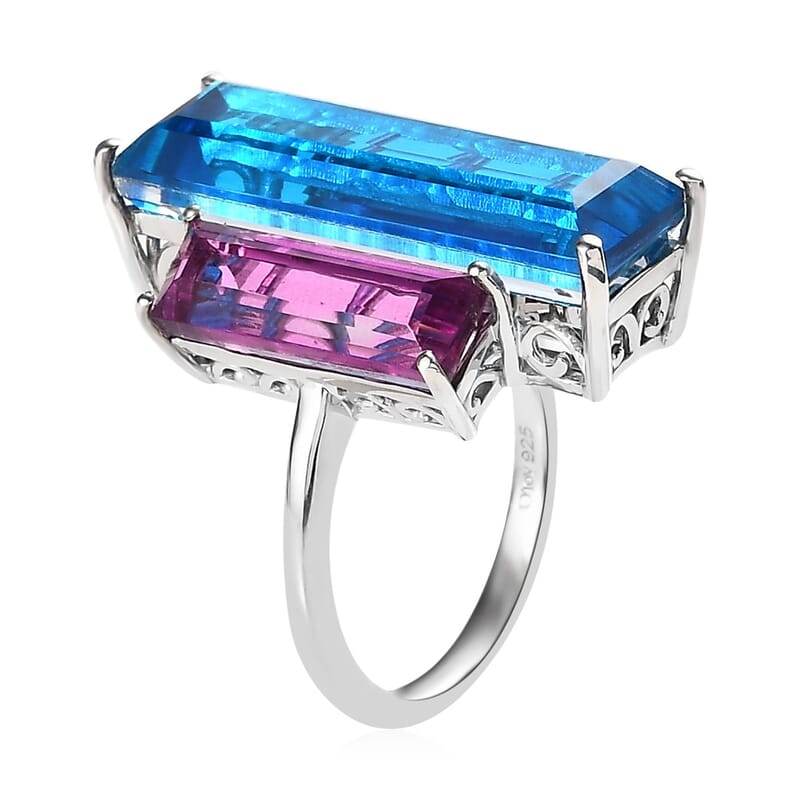 Caribbean Quartz and African Lilac Quartz (Triplet) 3 Stone Ring in Platinum Over Sterling Silver (Size 10.0) 20.25 ctw
