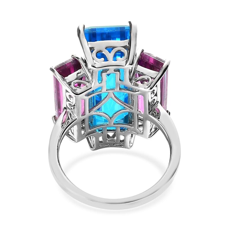 Caribbean Quartz and African Lilac Quartz (Triplet) 3 Stone Ring in Platinum Over Sterling Silver (Size 10.0) 20.25 ctw