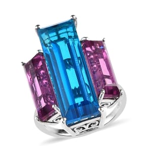 Caribbean Quartz and African Lilac Quartz (Triplet) 3 Stone Ring in Platinum Over Sterling Silver (Size 6.0) 20.25 ctw