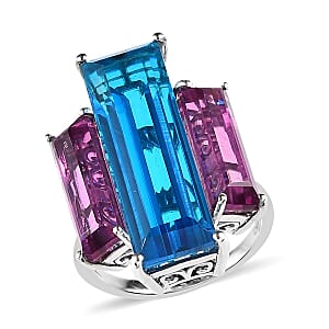 Caribbean Quartz and African Lilac Quartz (Triplet) 3 Stone Ring in Platinum Over Sterling Silver (Size 8.0) 20.25 ctw