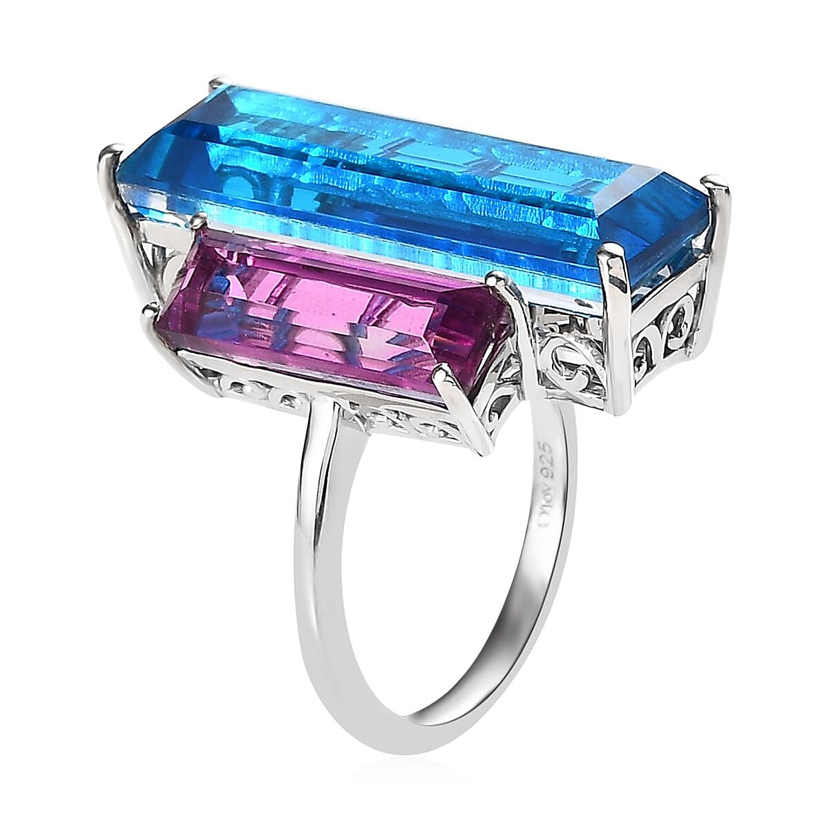 Caribbean Quartz and African Lilac Quartz (Triplet) 3 Stone Ring in Platinum Over Sterling Silver (Size 8.0) 20.25 ctw image number 3