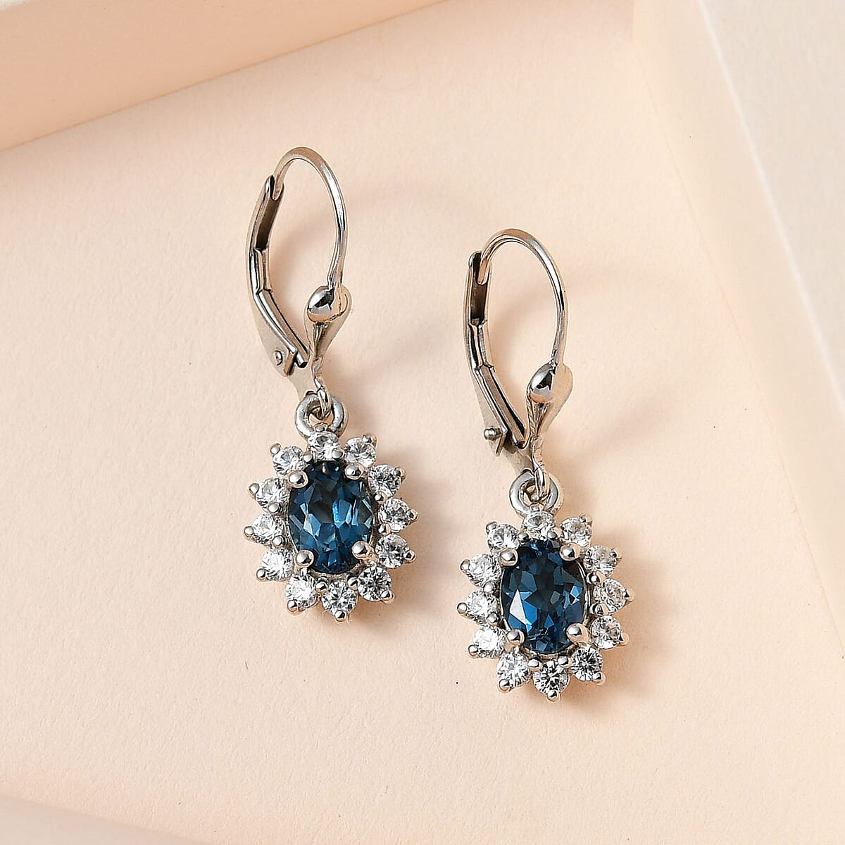 London Blue Topaz and White Zircon Lever Back Earrings in Platinum Over Sterling Silver 3.00 ctw image number 1