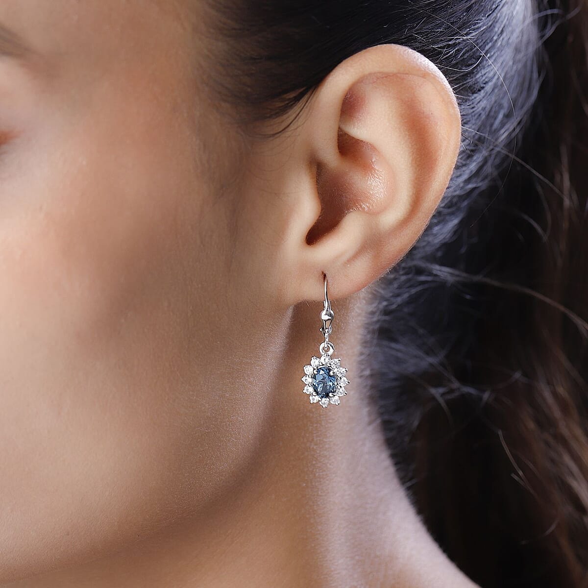 London Blue Topaz and White Zircon Lever Back Earrings in Platinum Over Sterling Silver 3.00 ctw image number 2