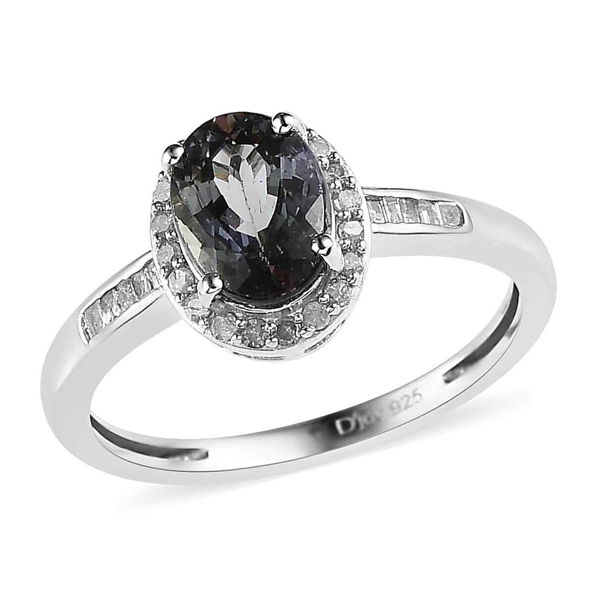 Green Tanzanite and Diamond Halo Ring in Platinum Over Sterling Silver 1.40 ctw image number 0