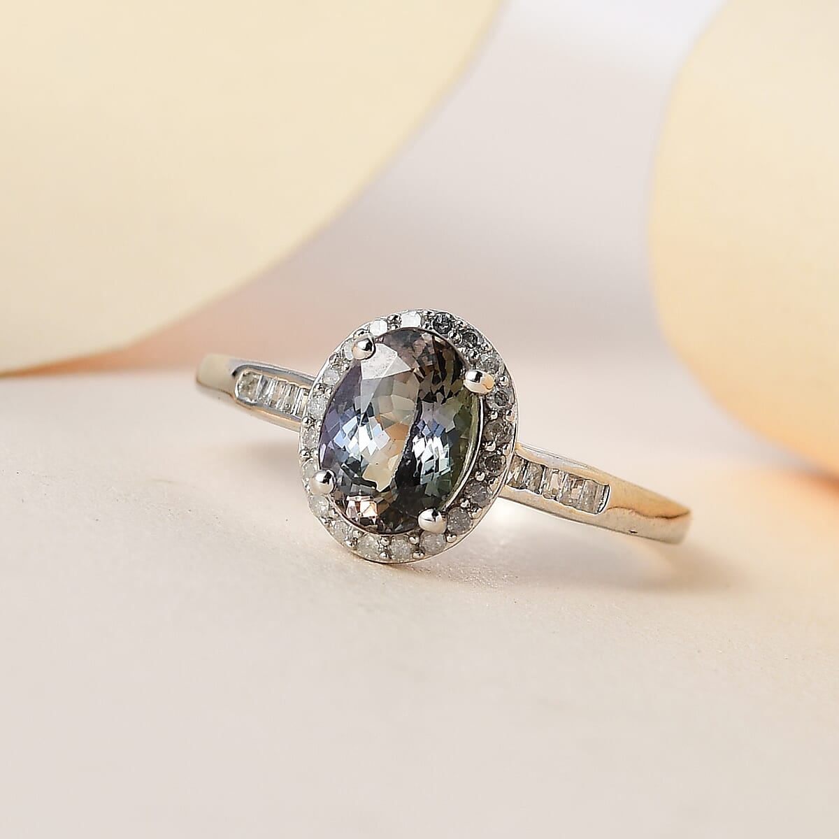 Green Tanzanite and Diamond Halo Ring in Platinum Over Sterling Silver 1.40 ctw image number 1
