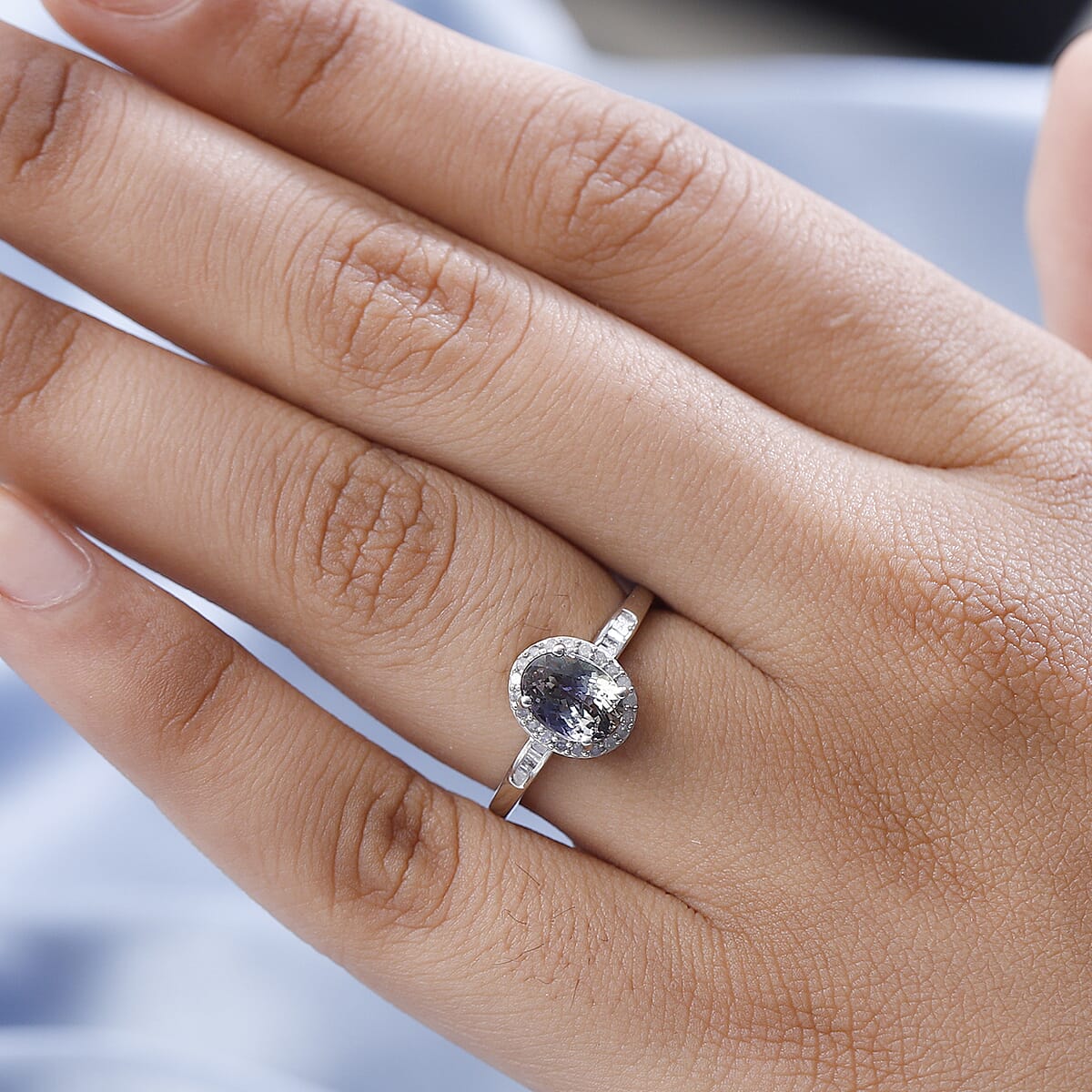 Green Tanzanite and Diamond Halo Ring in Platinum Over Sterling Silver 1.40 ctw image number 2