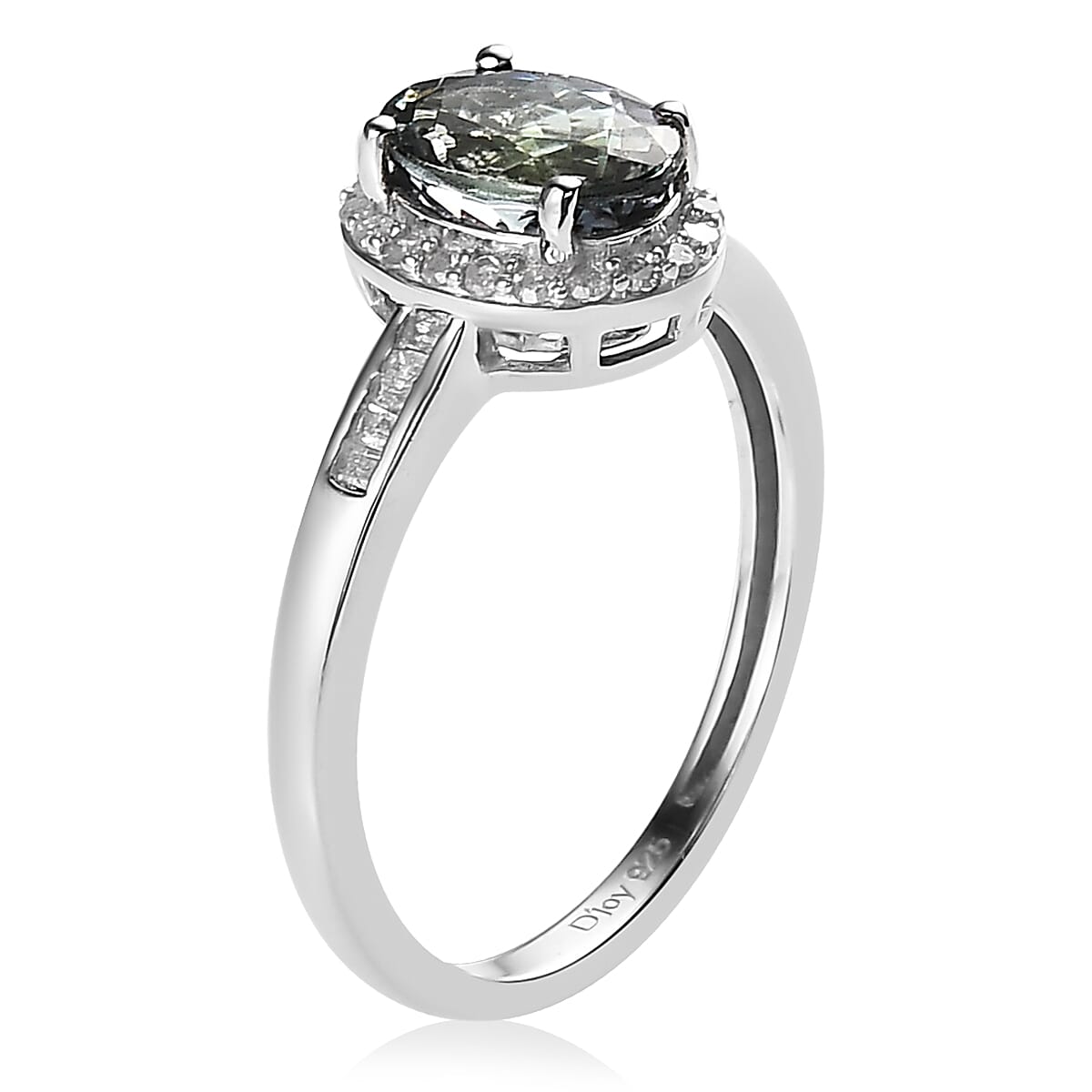 Green Tanzanite and Diamond Halo Ring in Platinum Over Sterling Silver 1.40 ctw image number 3