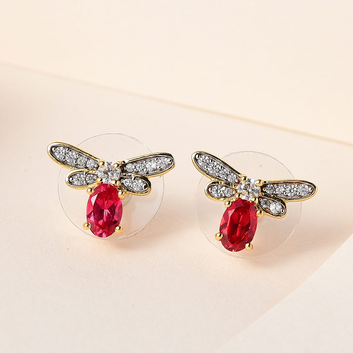 Lab Created Padparadscha Sapphire and White Zircon Bee Earrings in Vermeil Yellow Gold Over Sterling Silver 1.90 ctw image number 1