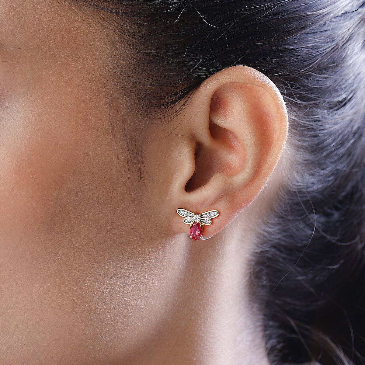 Lab Created Padparadscha Sapphire and White Zircon Bee Earrings in Vermeil Yellow Gold Over Sterling Silver 1.90 ctw image number 2
