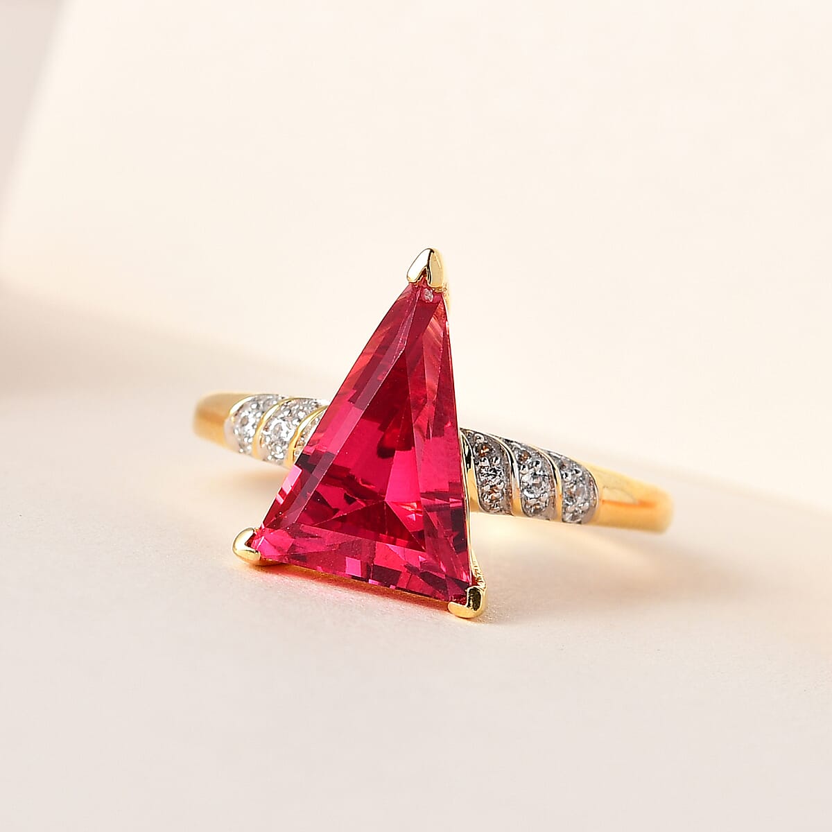 Lab Created Padparadscha Sapphire and White Zircon Ring in Vermeil Yellow Gold Over Sterling Silver (Size 7.0) 5.40 ctw image number 1