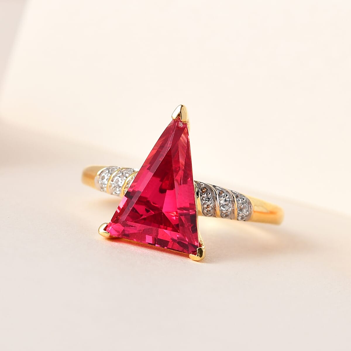 Lab Created Padparadscha Sapphire and White Zircon Ring in Vermeil Yellow Gold Over Sterling Silver (Size 8.0) 5.40 ctw image number 1