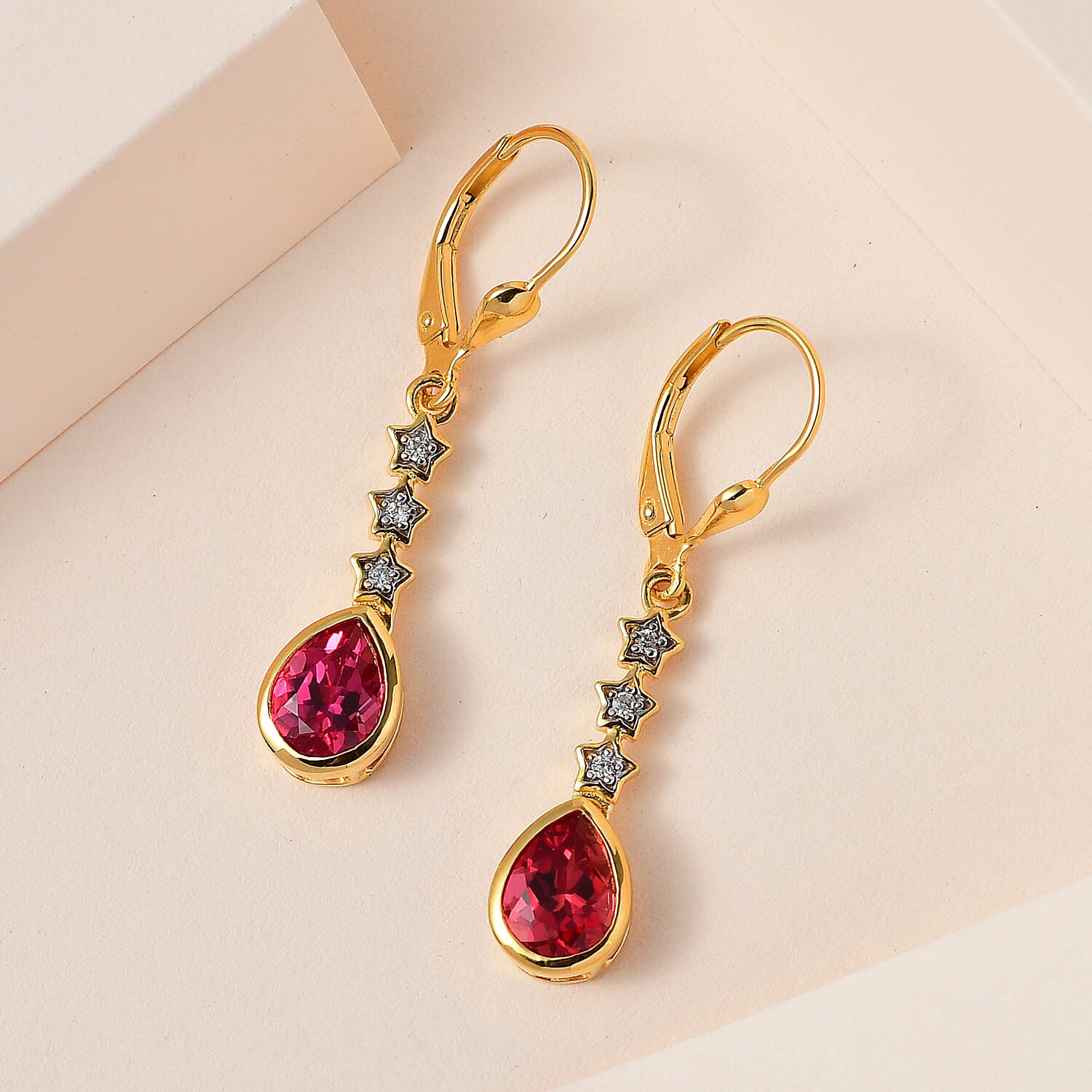 Lab Created Padparadscha Sapphire and White Zircon Lever Back Earrings in Vermeil Yellow Gold Over Sterling Silver 3.30 ctw