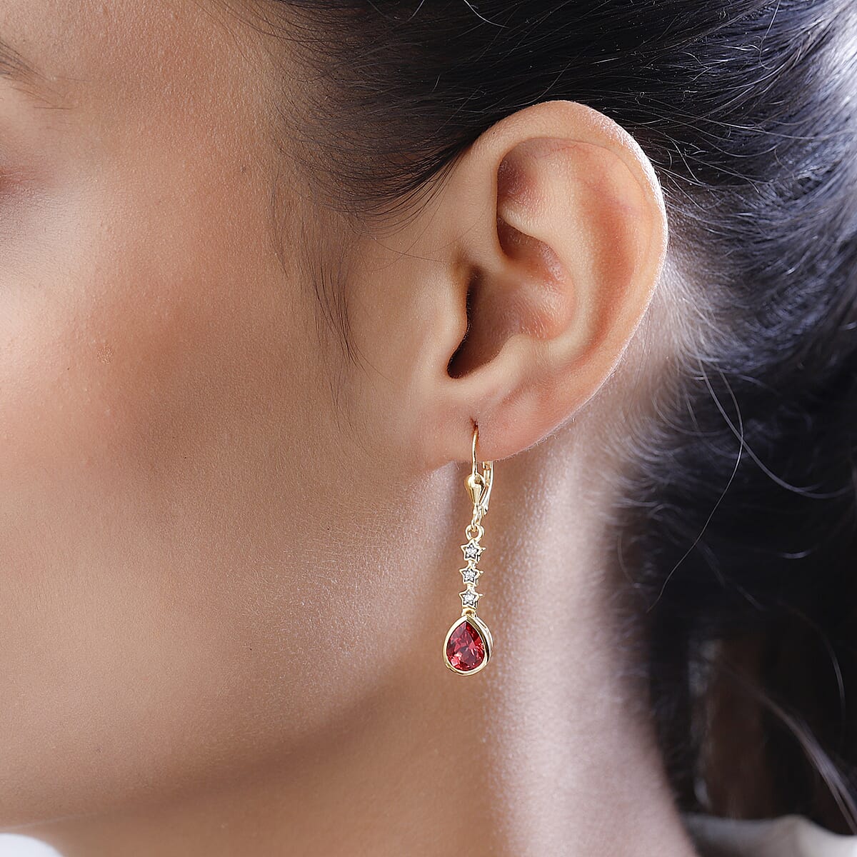 Lab Created Padparadscha Sapphire and White Zircon Lever Back Earrings in Vermeil Yellow Gold Over Sterling Silver 3.30 ctw image number 2