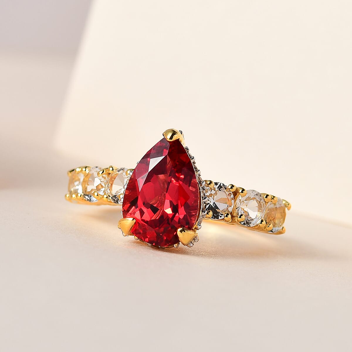 Lab Created Padparadscha Sapphire and White Topaz Ring in Vermeil Yellow Gold Over Sterling Silver (Size 7.0) 6.15 ctw image number 1