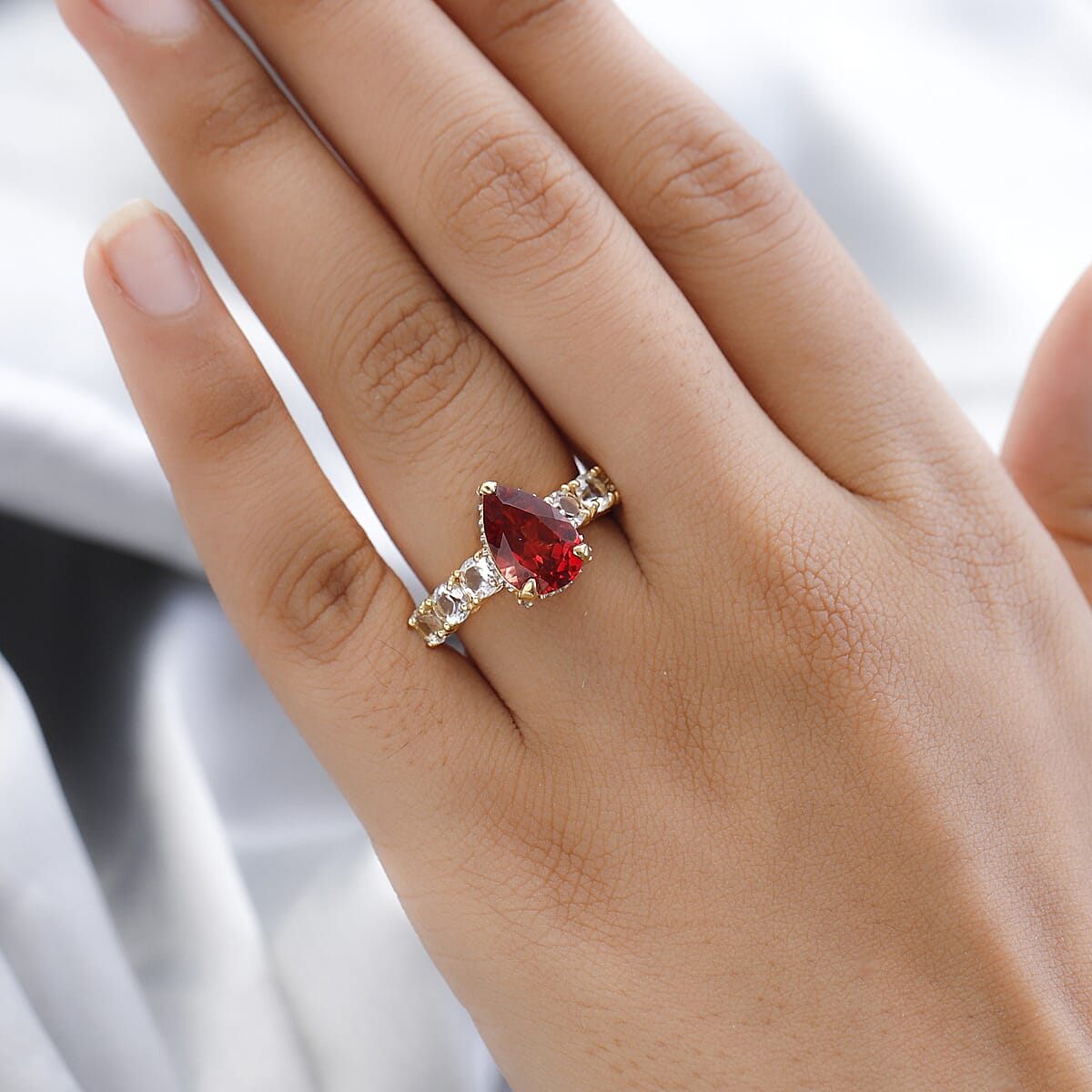 Lab Created Padparadscha Sapphire and White Topaz Ring in Vermeil Yellow Gold Over Sterling Silver (Size 7.0) 6.15 ctw image number 2