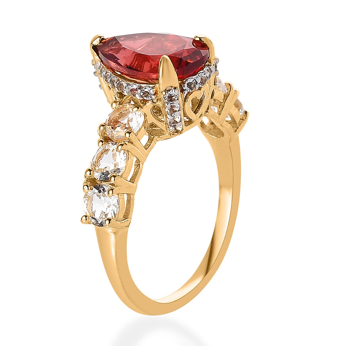 Lab Created Padparadscha Sapphire and White Topaz Ring in Vermeil Yellow Gold Over Sterling Silver (Size 7.0) 6.15 ctw image number 3