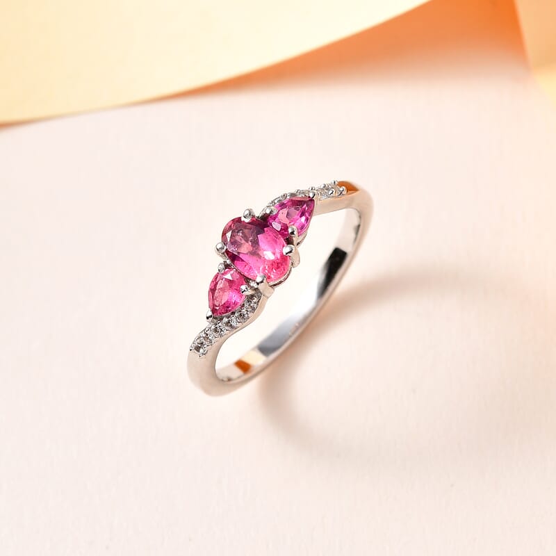 Premium Ouro Fino Rubellite and White Zircon Ring in Platinum Over Sterling Silver (Size 10.0) 0.85 ctw