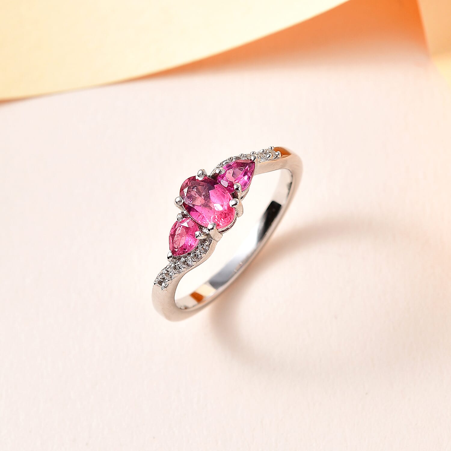 Premium Ouro Fino Rubellite and White Zircon Ring in Platinum Over Sterling Silver (Size 7.0) 0.85 ctw