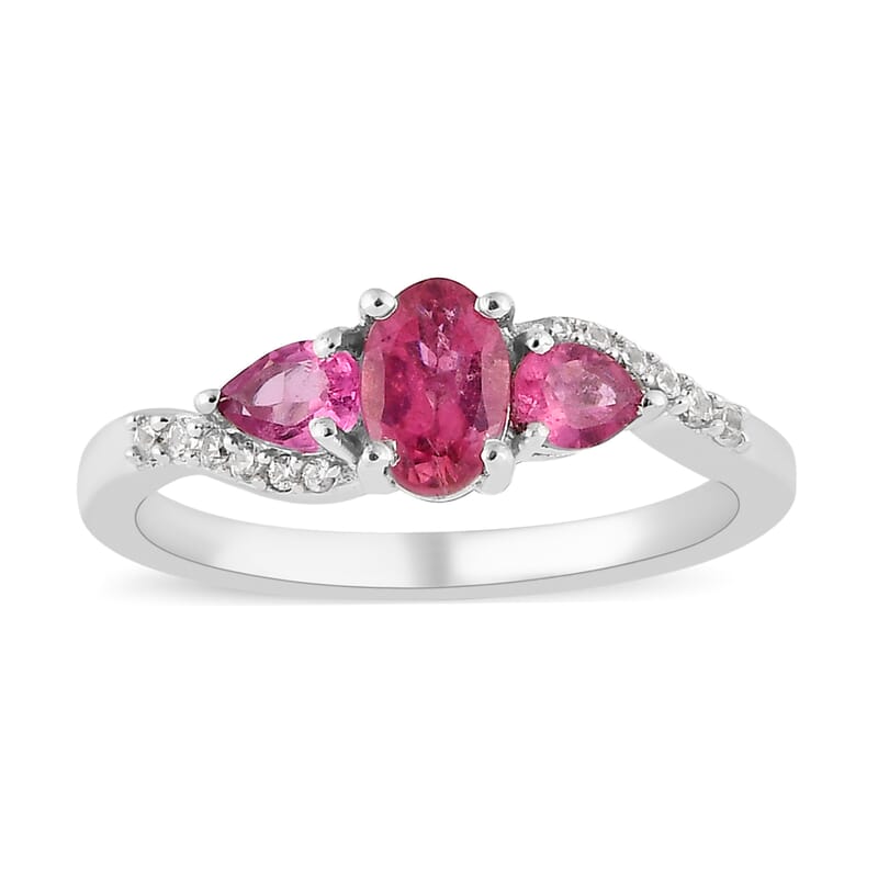 Premium Ouro Fino Rubellite and White Zircon Ring in Platinum Over Sterling Silver (Size 8.0) 0.85 ctw