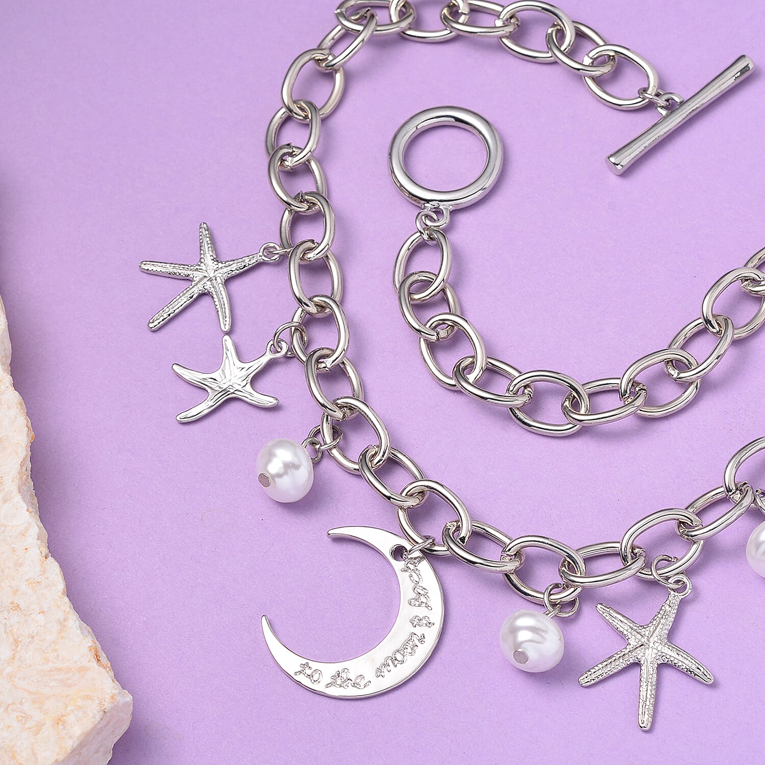 Simulated Pearl Celestial Necklace 20 Inches in Silvertone