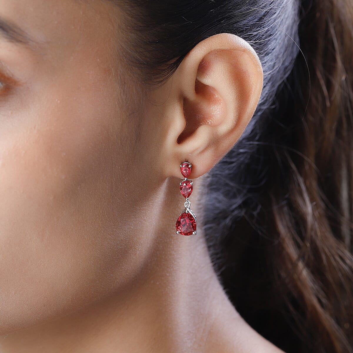 Lab Created Padparadscha Sapphire Drop Earrings in Platinum Over Sterling Silver 10.00 ctw image number 2