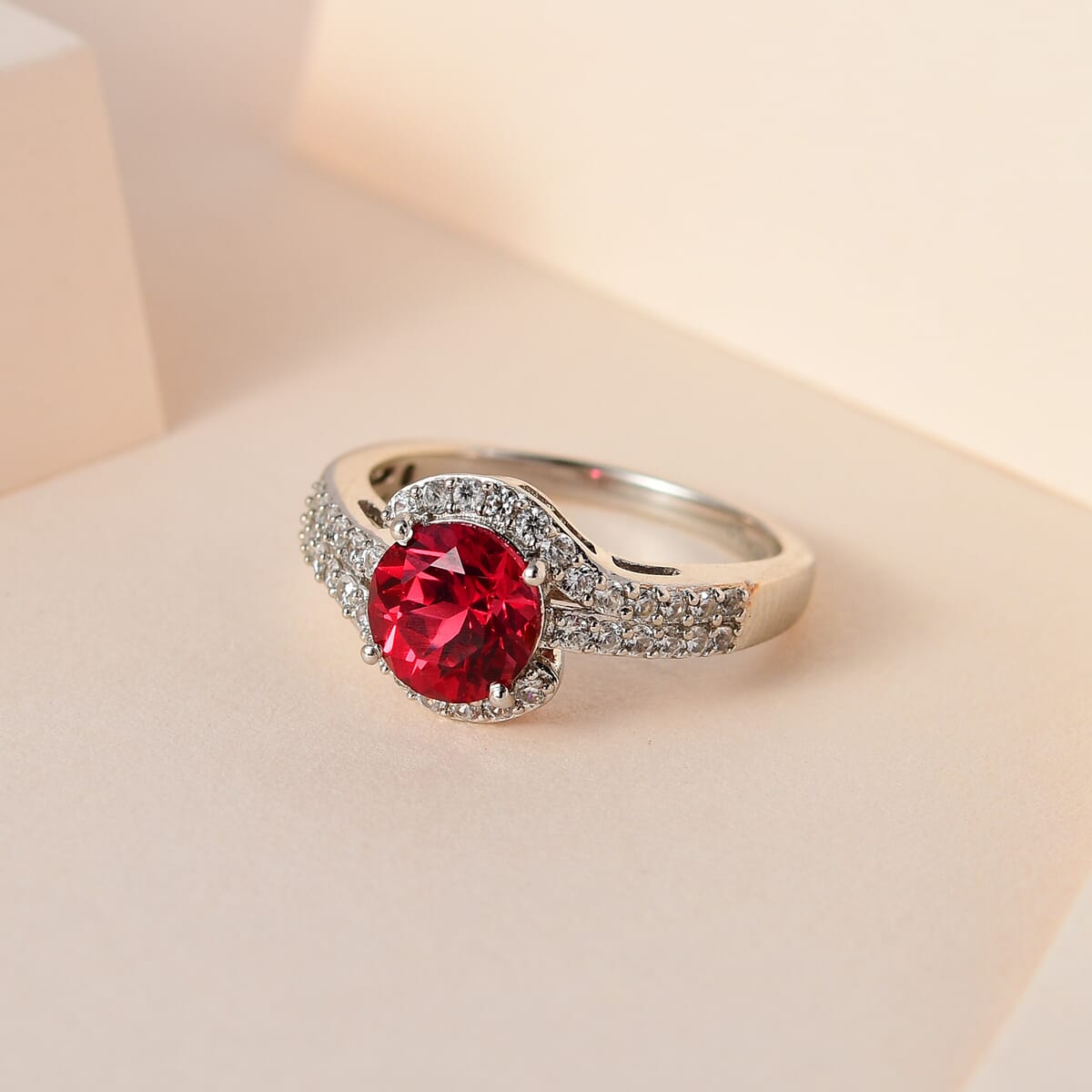Lab Created Padparadscha Sapphire and White Zircon Ring in Platinum Over Sterling Silver 2.35 ctw image number 1