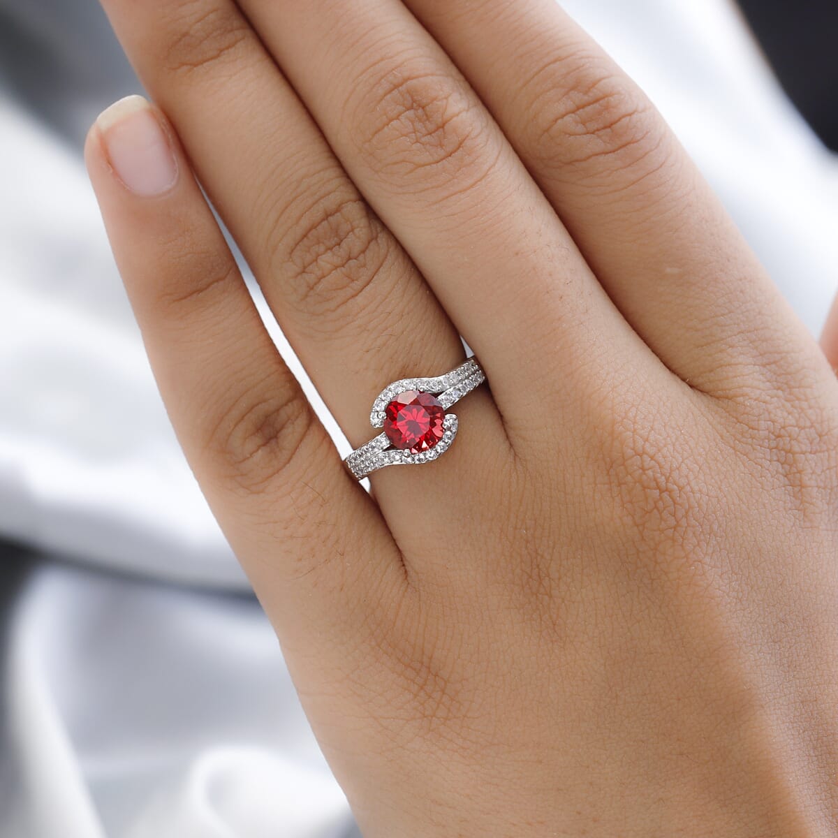 Lab Created Padparadscha Sapphire and White Zircon Ring in Platinum Over Sterling Silver 2.35 ctw image number 2