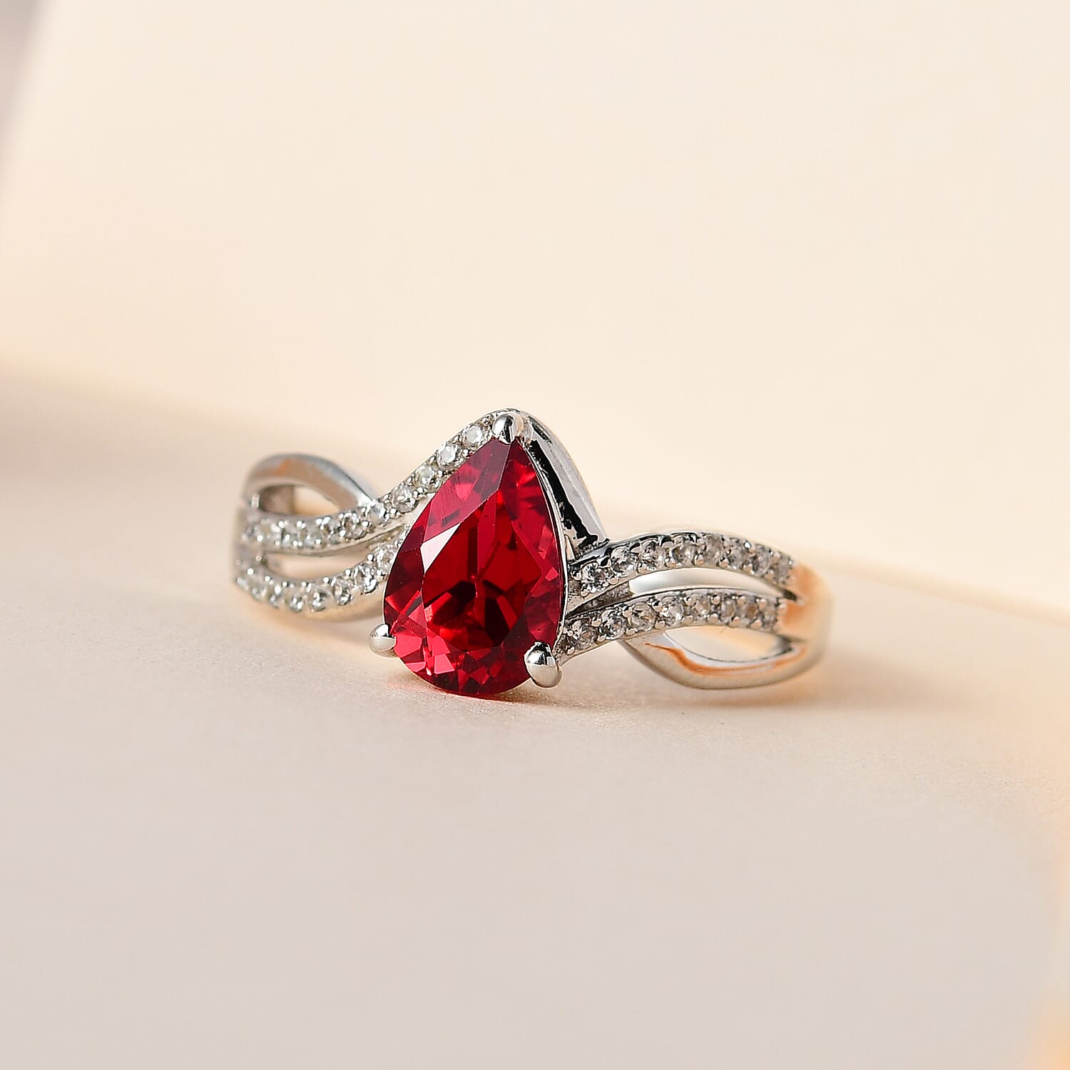 Lab Created Padparadscha Sapphire and White Zircon Infinity Shank Ring in Platinum Over Sterling Silver (Size 10.0) 2.15 ctw