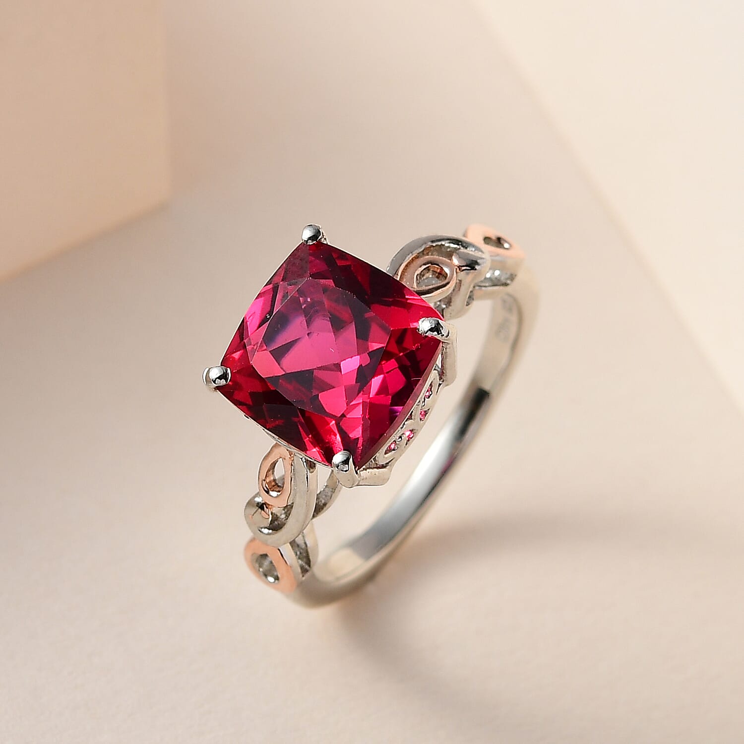 Lab Created Padparadscha Sapphire Solitaire Ring in Vermeil RG and Platinum Over Sterling Silver (Size 10.0) 4.65 ctw