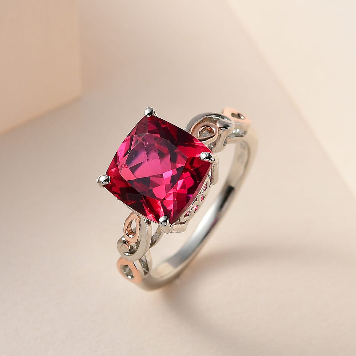 Lab Created Padparadscha Sapphire Solitaire Ring in Vermeil RG and Platinum Over Sterling Silver 4.65 ctw image number 1