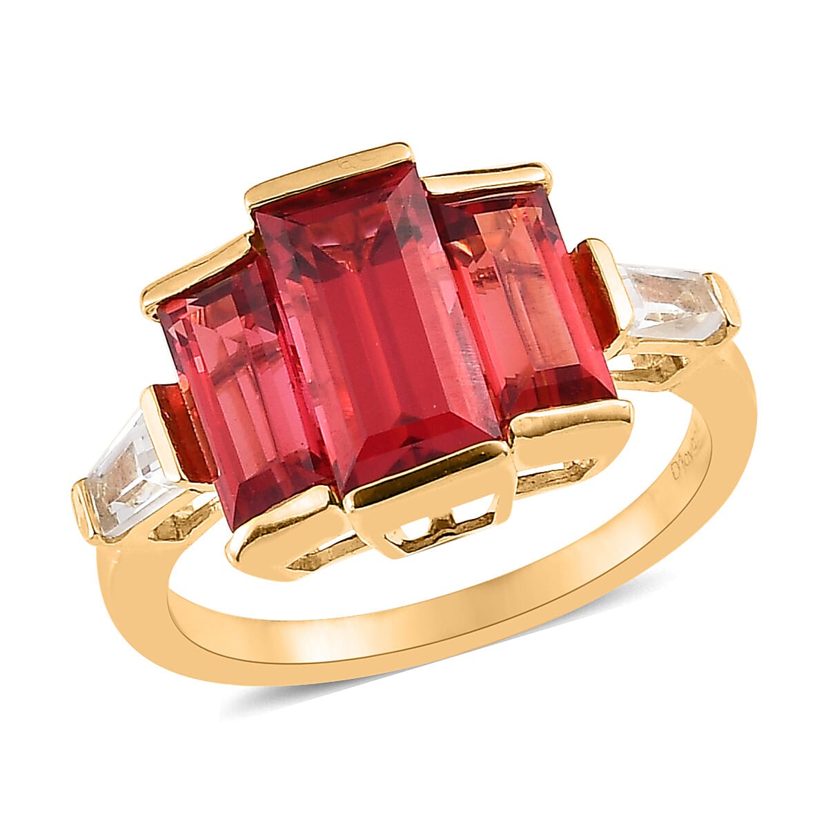 Lab Created Padparadscha Sapphire and White Topaz Ring in Vermeil Yellow Gold Over Sterling Silver (Size 5.0) 5.15 ctw image number 0