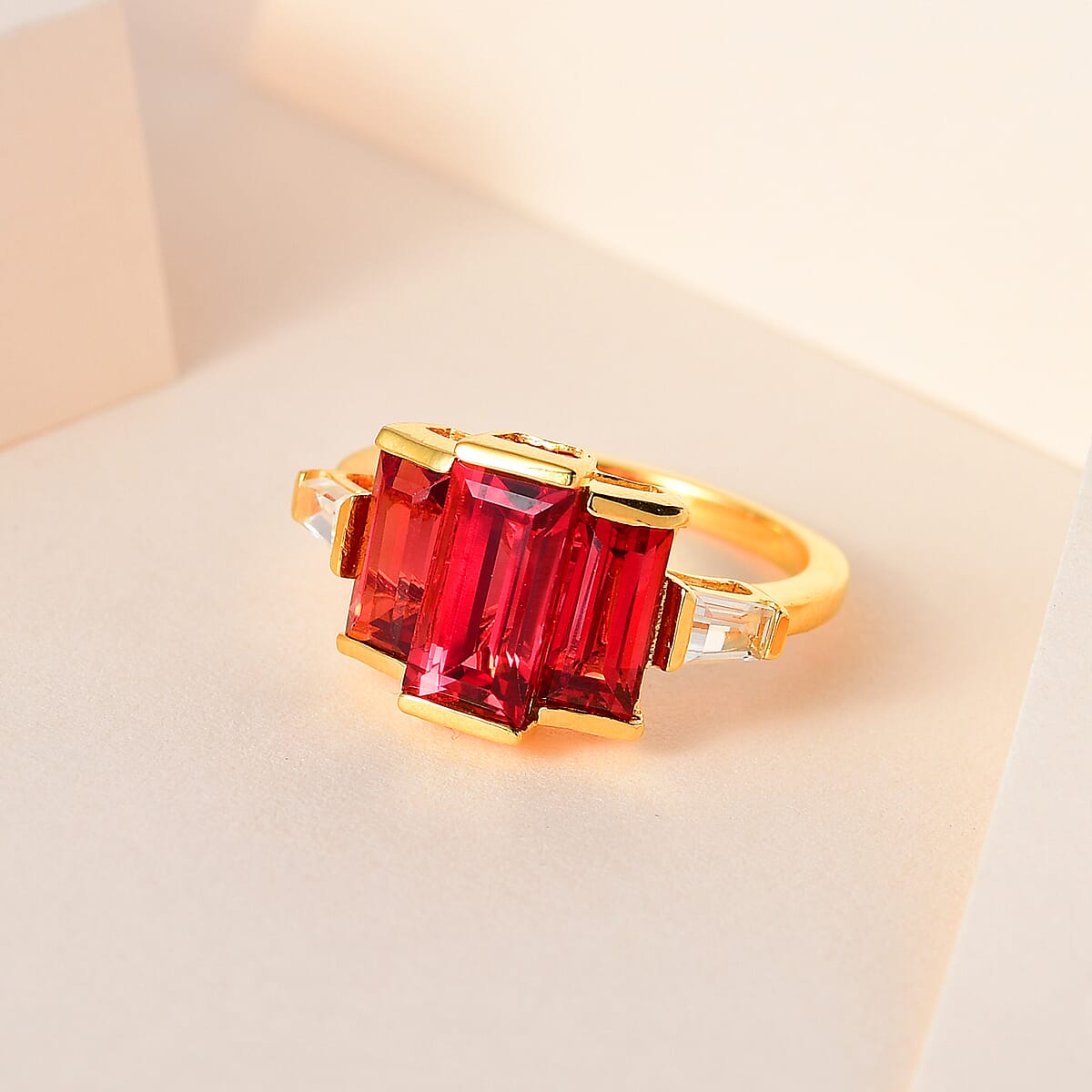 Lab Created Padparadscha Sapphire and White Topaz Ring in Vermeil Yellow Gold Over Sterling Silver (Size 5.0) 5.15 ctw image number 1