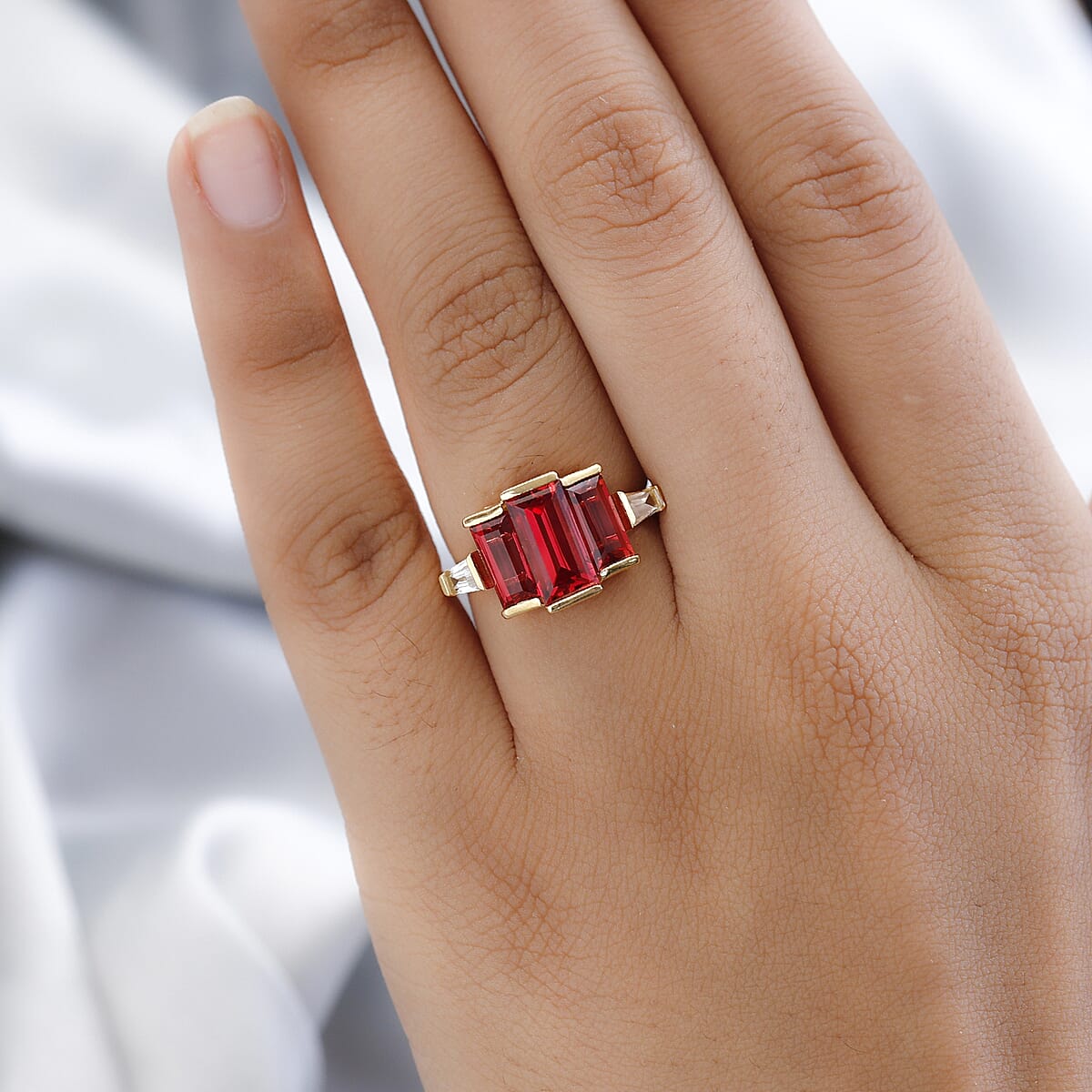 Lab Created Padparadscha Sapphire and White Topaz Ring in Vermeil Yellow Gold Over Sterling Silver (Size 5.0) 5.15 ctw image number 2