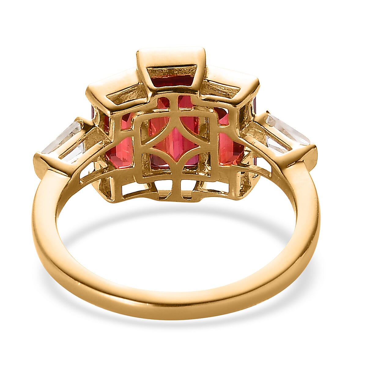 Lab Created Padparadscha Sapphire and White Topaz Ring in Vermeil Yellow Gold Over Sterling Silver (Size 5.0) 5.15 ctw image number 4