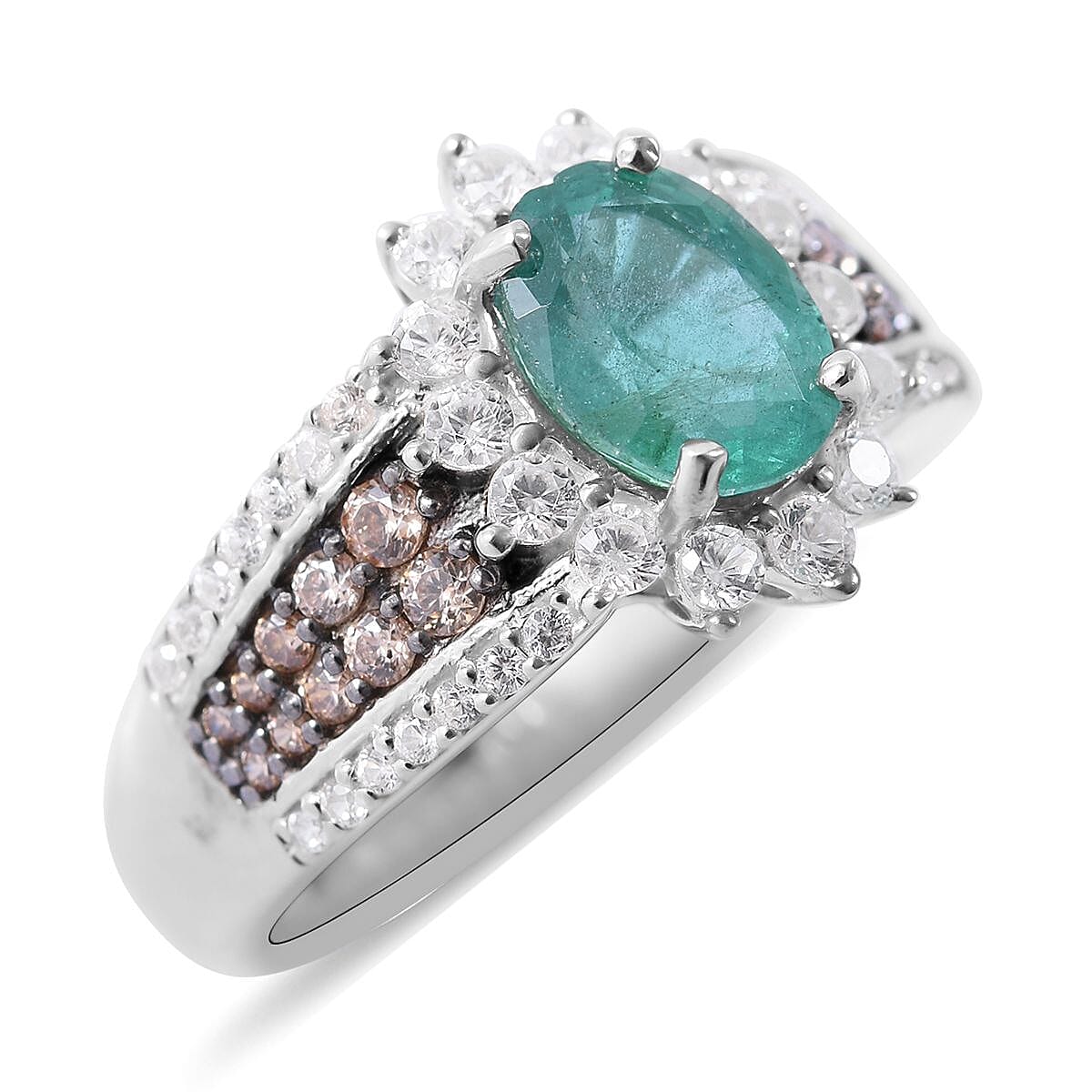 AAA Kage Zambian Emerald, Brown and White Zircon Sunburst Ring in Platinum Over Sterling Silver 2.25 ctw image number 0