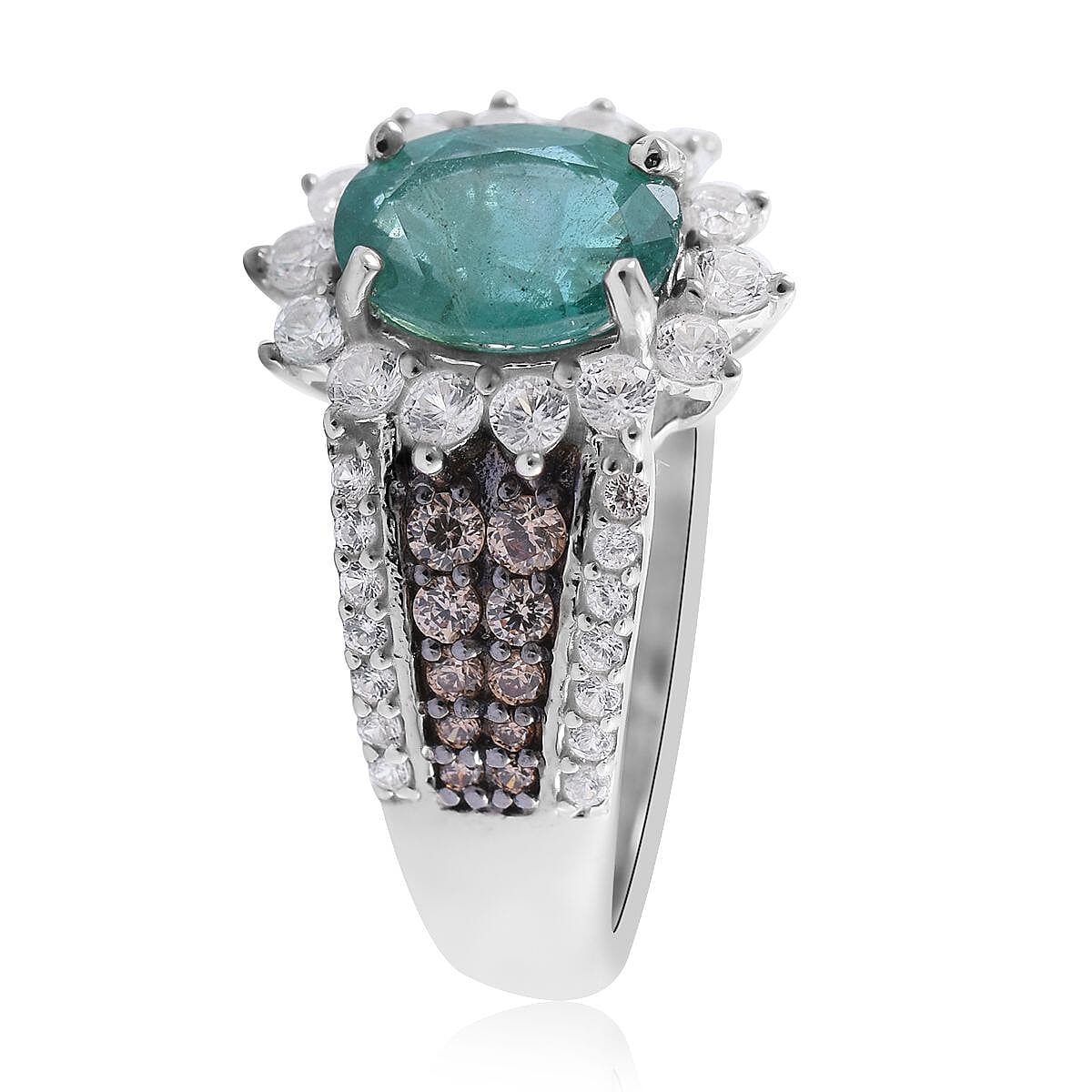 AAA Kage Zambian Emerald, Brown and White Zircon Sunburst Ring in Platinum Over Sterling Silver 2.25 ctw image number 2