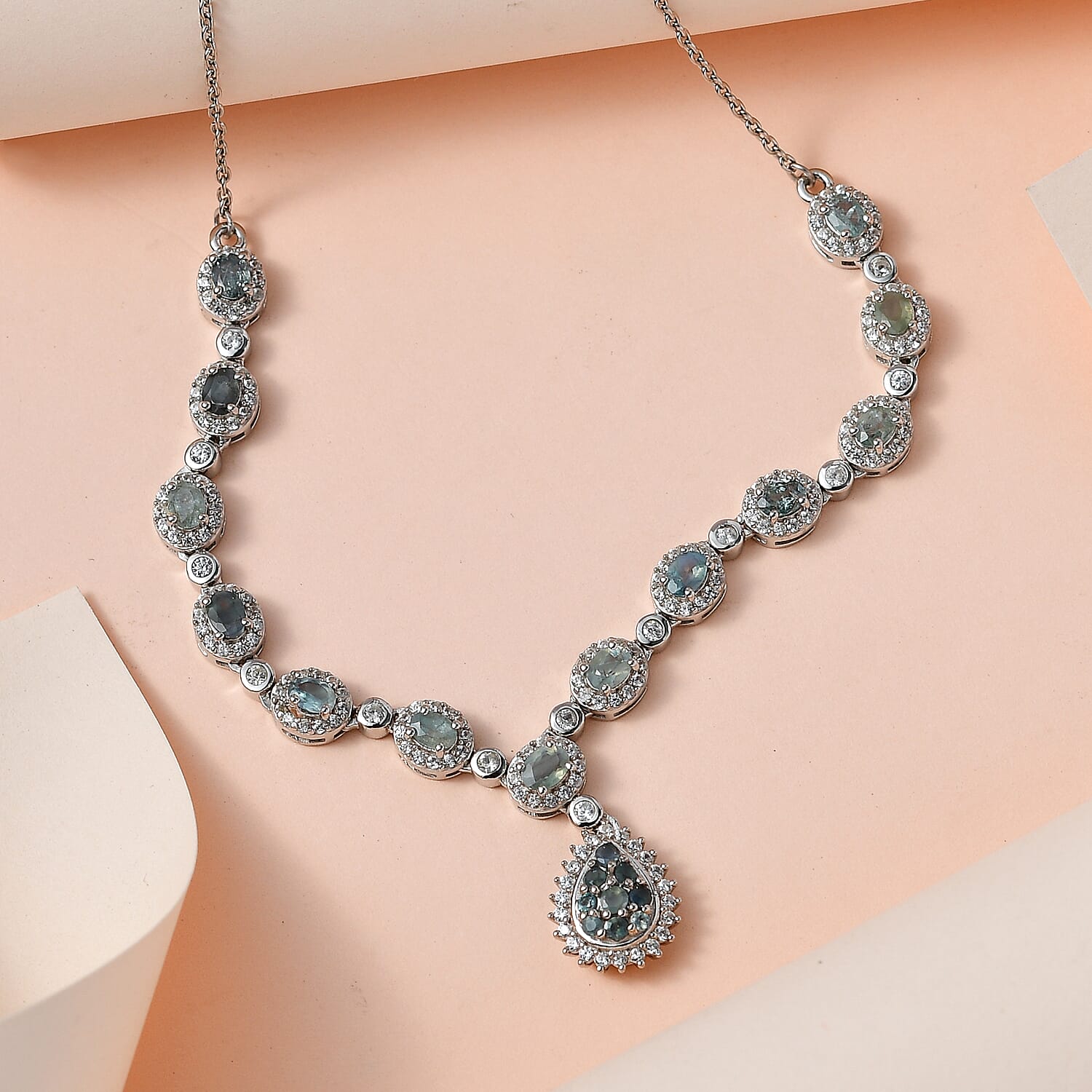 Narsipatnam Alexandrite and White Zircon Halo Drop Necklace 18 Inches in Platinum Over Sterling Silver 4.85 ctw