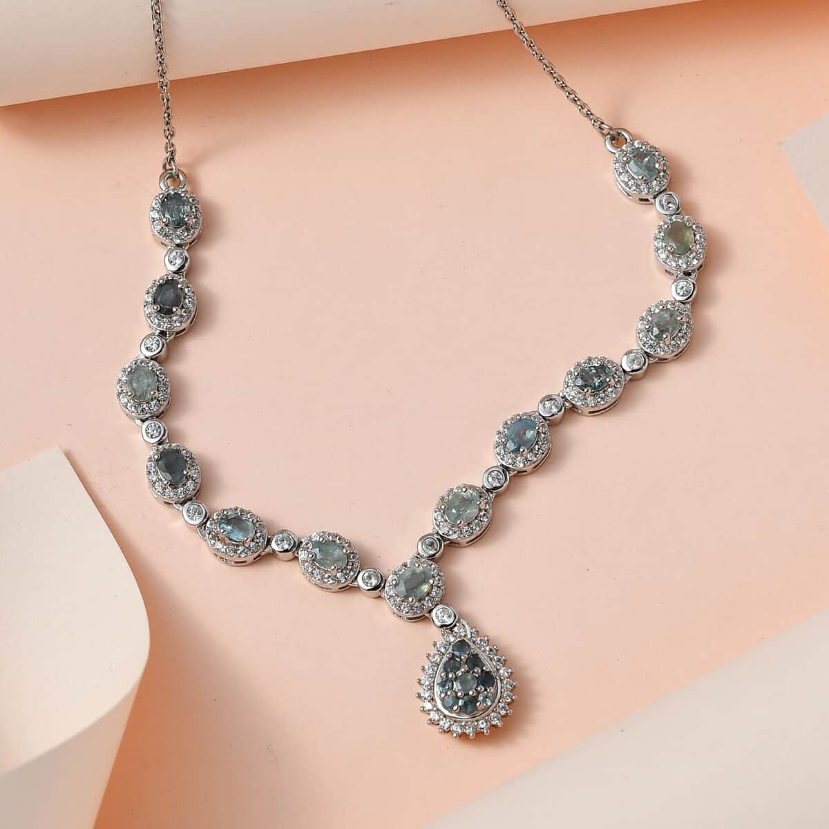 Narsipatnam Alexandrite and White Zircon Halo Drop Necklace 18 Inches in Platinum Over Sterling Silver 4.85 ctw image number 1