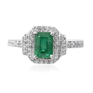 AAA Kagem Zambian Emerald and White Zircon Ring in Platinum Over Sterling Silver 1.60 ctw