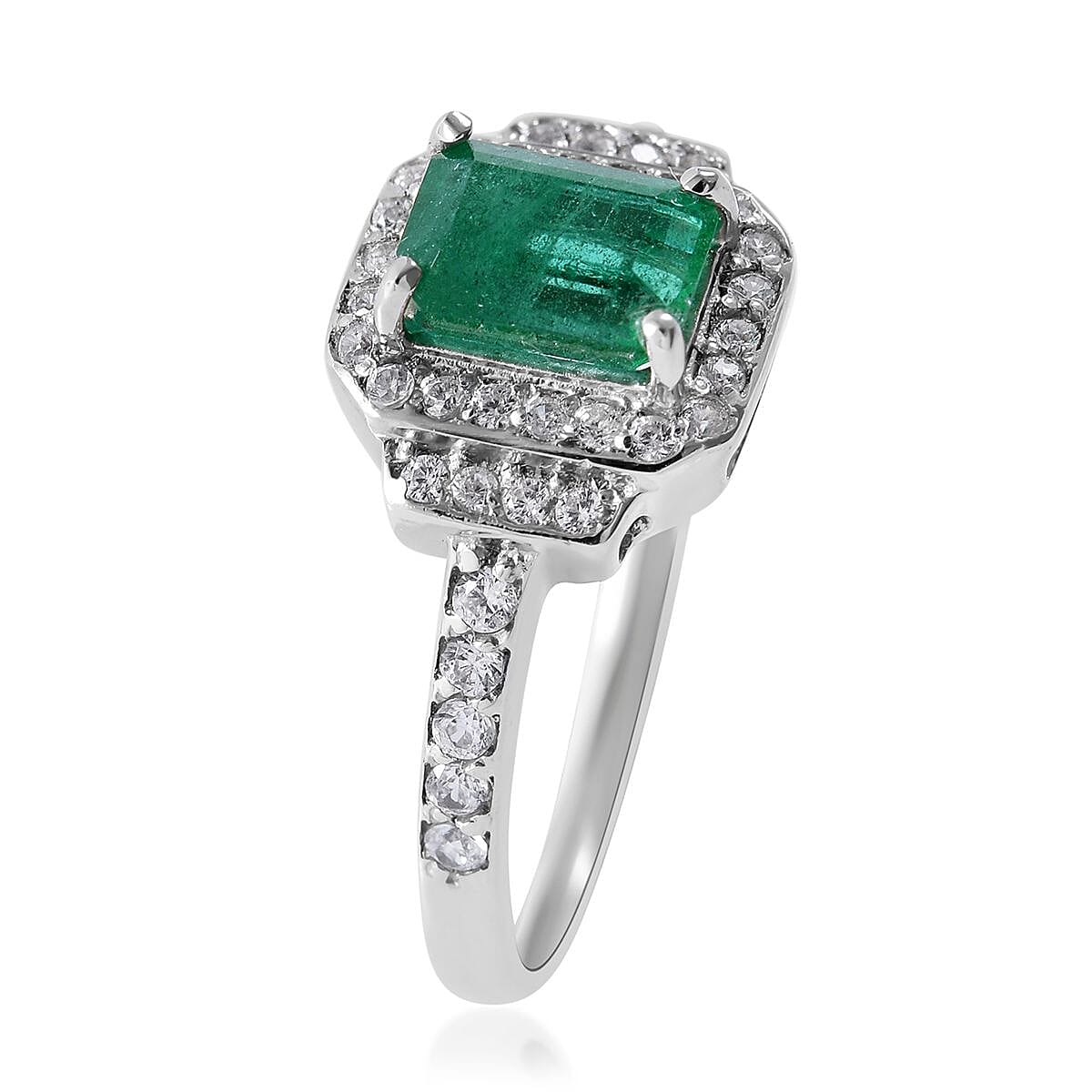 AAA Kagem Zambian Emerald and White Zircon Ring in Platinum Over Sterling Silver 1.60 ctw image number 2