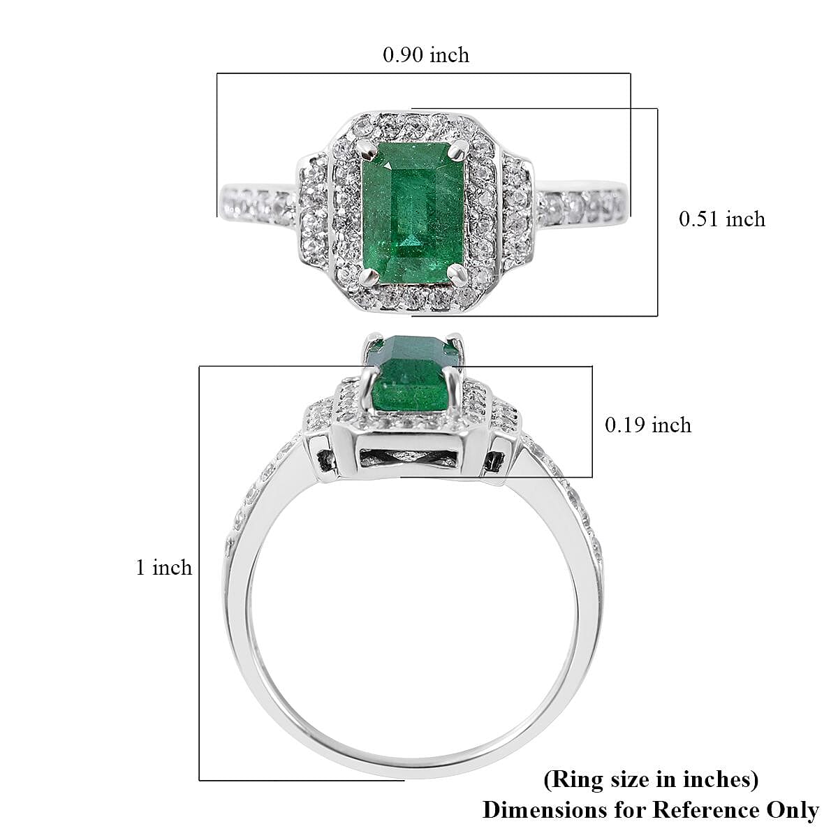 AAA Kagem Zambian Emerald and White Zircon Ring in Platinum Over Sterling Silver (Size 7.0) 1.60 ctw image number 4