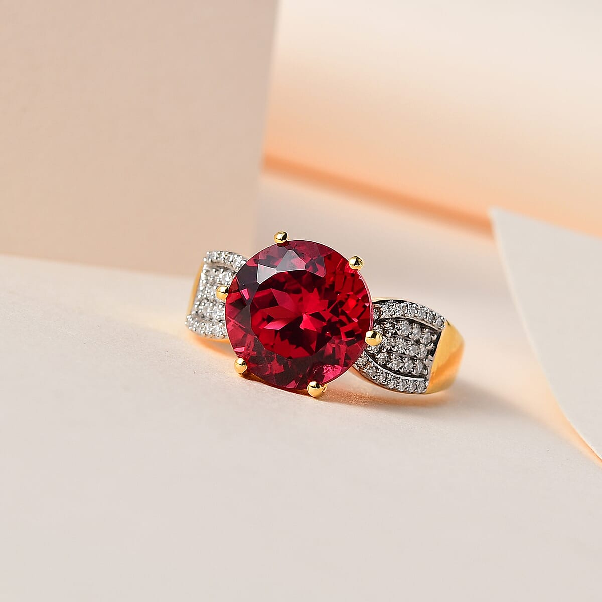 Lab Created Padparadscha Sapphire and Moissanite Ring in Vermeil Yellow Gold Over Sterling Silver 7.50 ctw image number 1