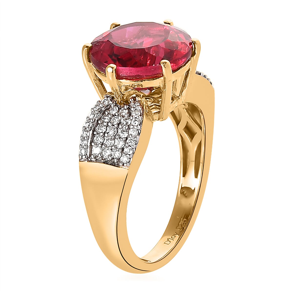 Lab Created Padparadscha Sapphire and Moissanite Ring in Vermeil Yellow Gold Over Sterling Silver 7.50 ctw image number 3