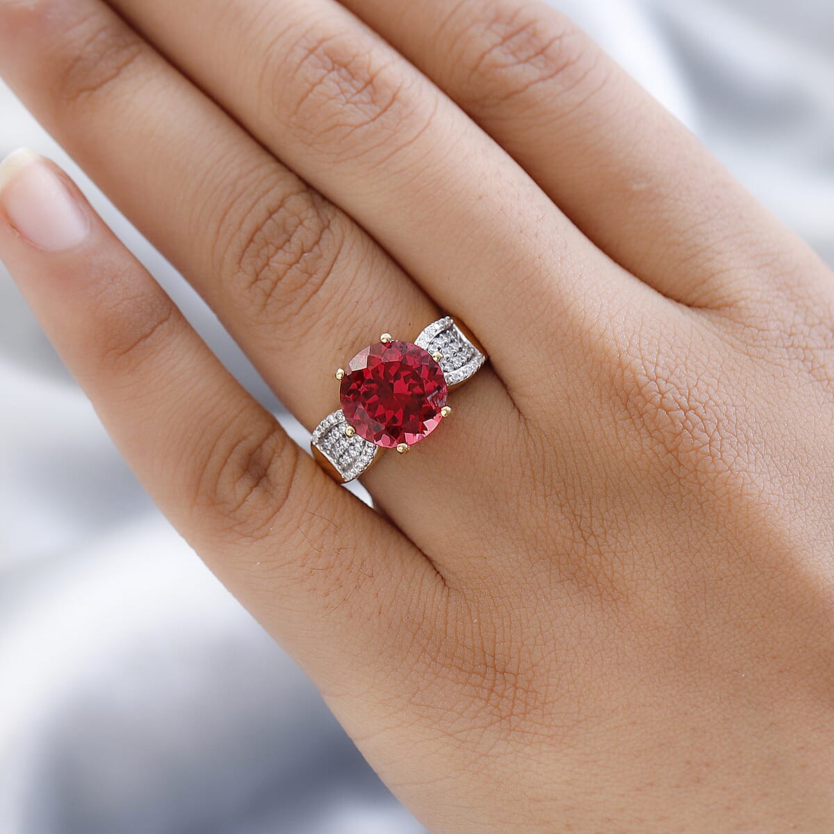 Lab Created Padparadscha Sapphire and Moissanite Ring in Vermeil Yellow Gold Over Sterling Silver (Size 11.0) 7.50 ctw image number 2