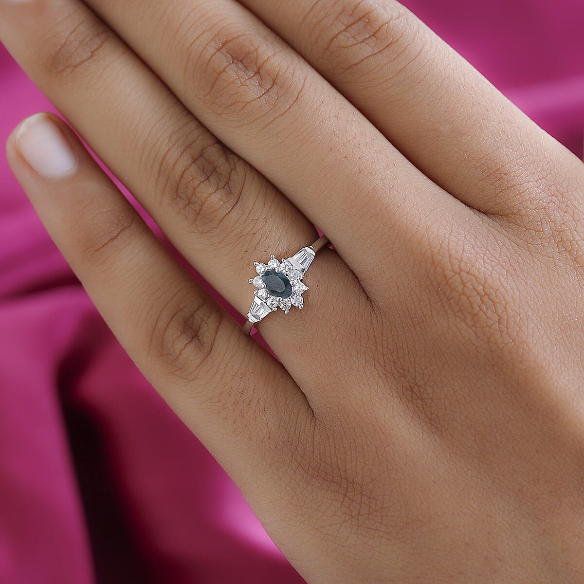 Narsipatnam Alexandrite and White Zircon Sunburst Ring in Platinum Over Sterling Silver 0.75 ctw (Del. in 5-7 Days) image number 2