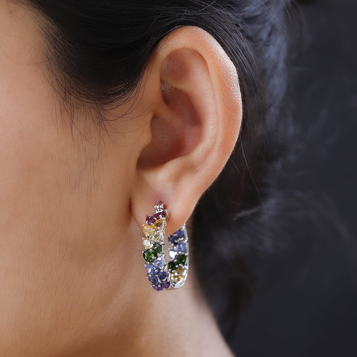 Multi Gemstone Inside Out Hoop Earrings in Platinum Over Sterling Silver 7.40 ctw