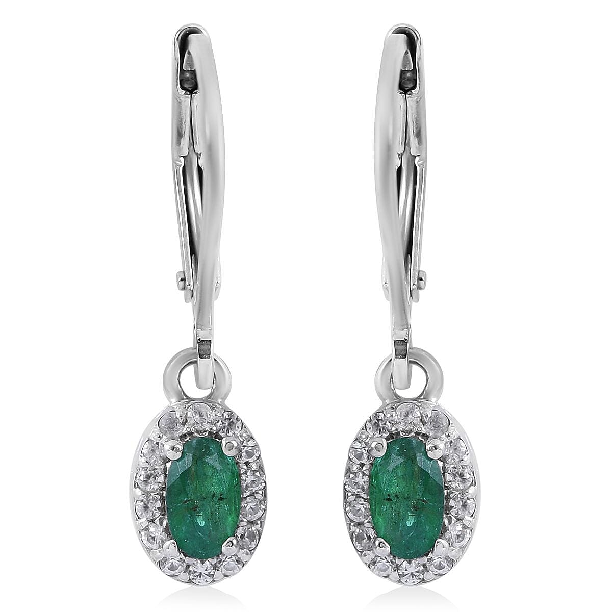 AAA Kagem Zambian Emerald and White Zircon Lever Back Earrings in Platinum Over Sterling Silver 0.75 ctw image number 0